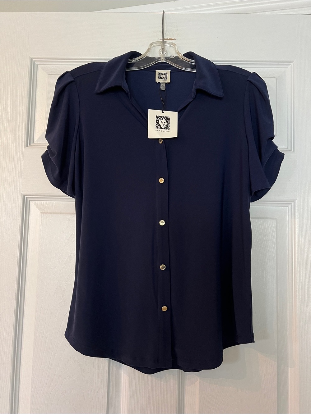 Anne Klein Navy Short Sleeve Button Front Top with Gold Buttons